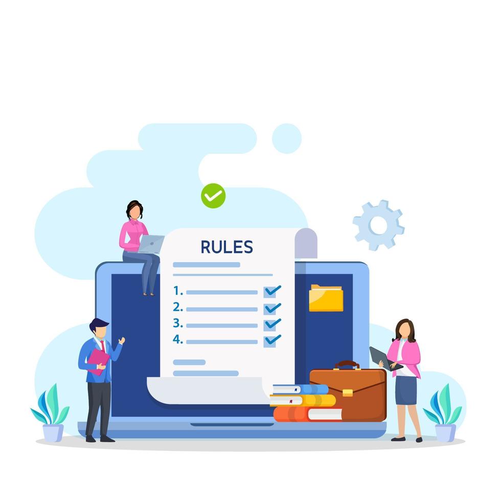les gens d'affaires étudient la liste des règles, lisent les conseils, font l'illustration vectorielle de la liste de contrôle. vecteur