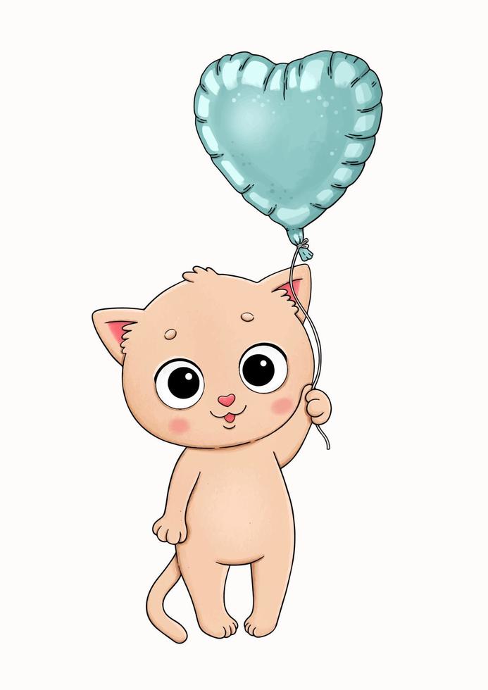 mignon petit chaton avec un gros ballon bleu vecteur