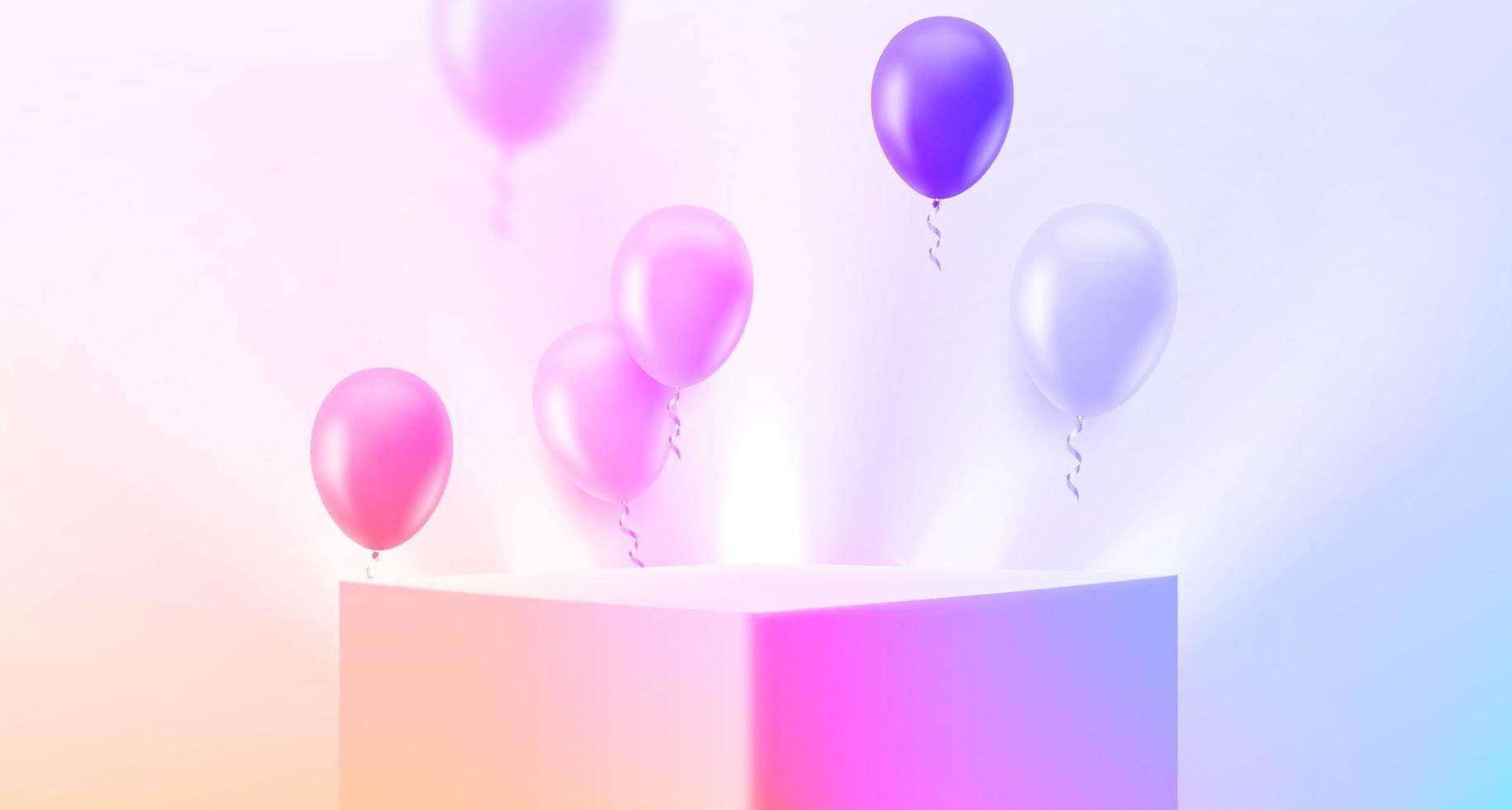podium éclairé avec des ballons à air dans une pièce lumineuse. vitrine d'un produit. illustration vectorielle 3d vecteur