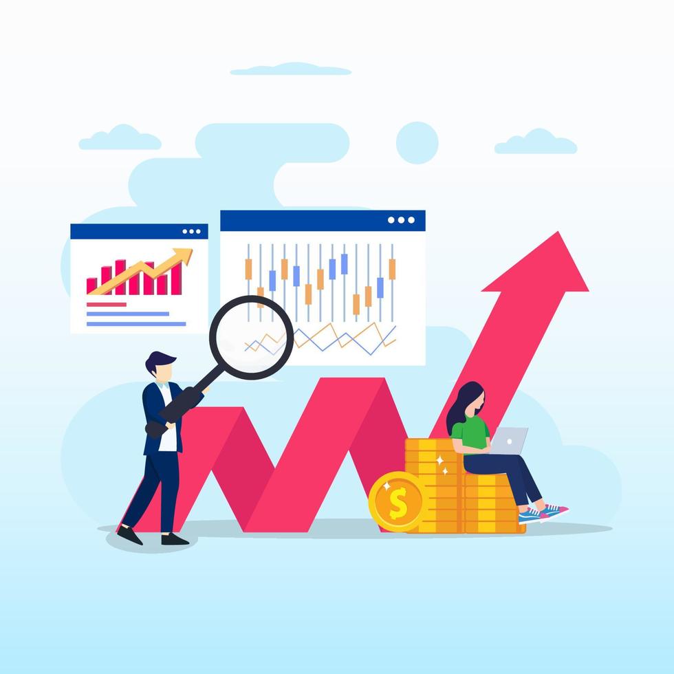 design plat moderne d'investissement en bourse. personnes négociant des actions en ligne. modèle de vecteur de style plat adapté à la page de destination web, arrière-plan.