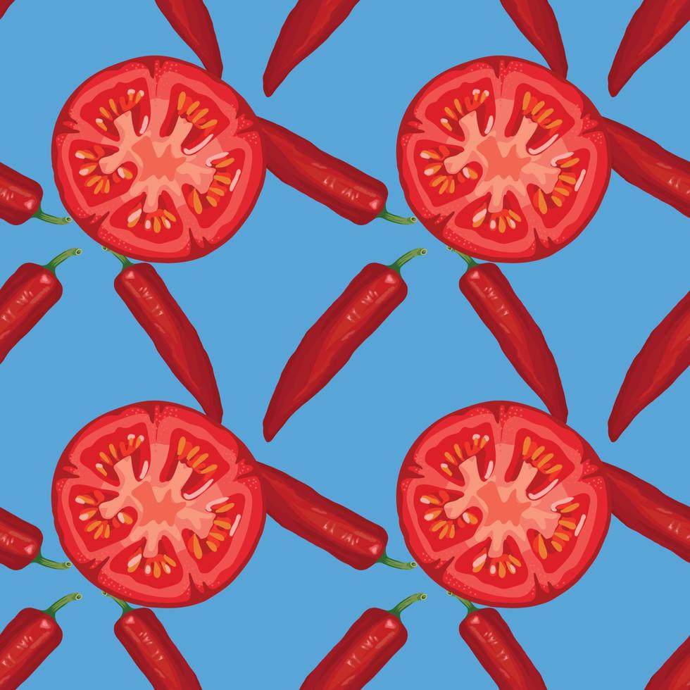 conception de modèle sans couture de tomate et de piment rouge sur fond bleu vecteur