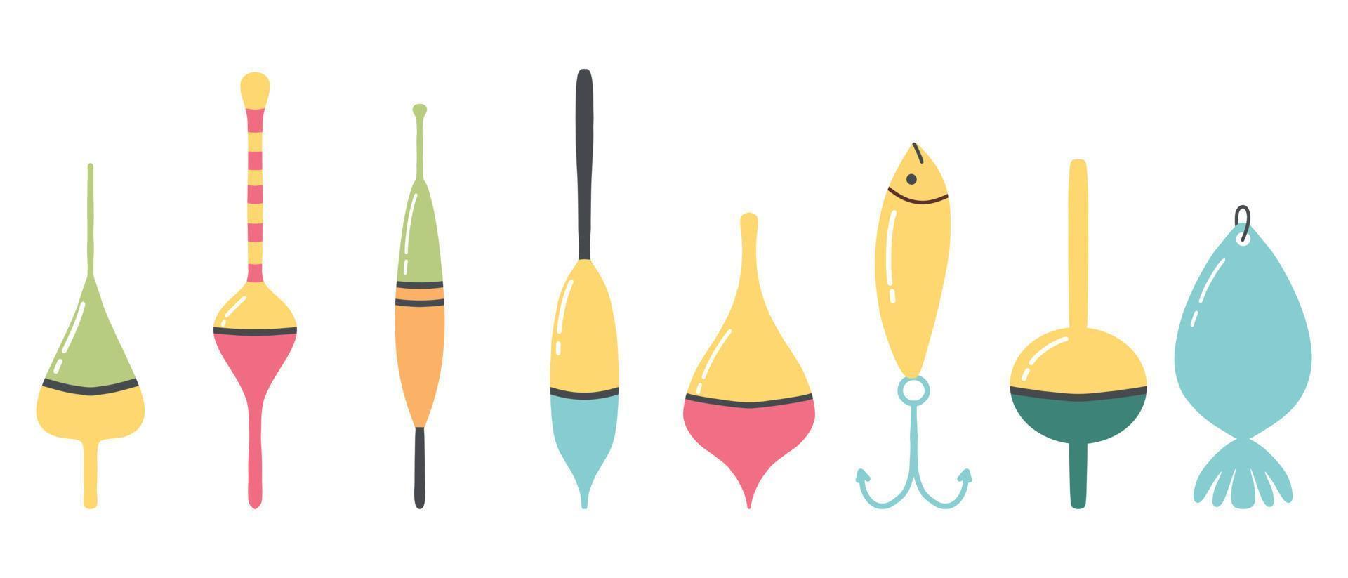 attirail de pêche. ensemble de flotteurs de pêche. illustration vectorielle. outils de pêche. vecteur