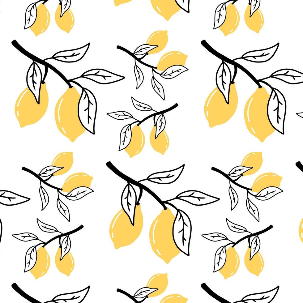 sans couture avec des citrons dans un style doodle. motif avec des branches de citron. illustration vectorielle. vecteur