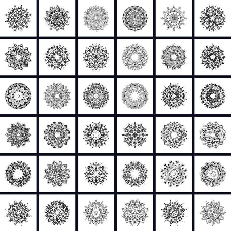 pack vectoriel de 36 mandalas, pour livre de coloriage. modèles de thérapie anti-stress. ensemble de mandalas ronds d'ornement. élément de cercle géométrique réalisé en vecteur.