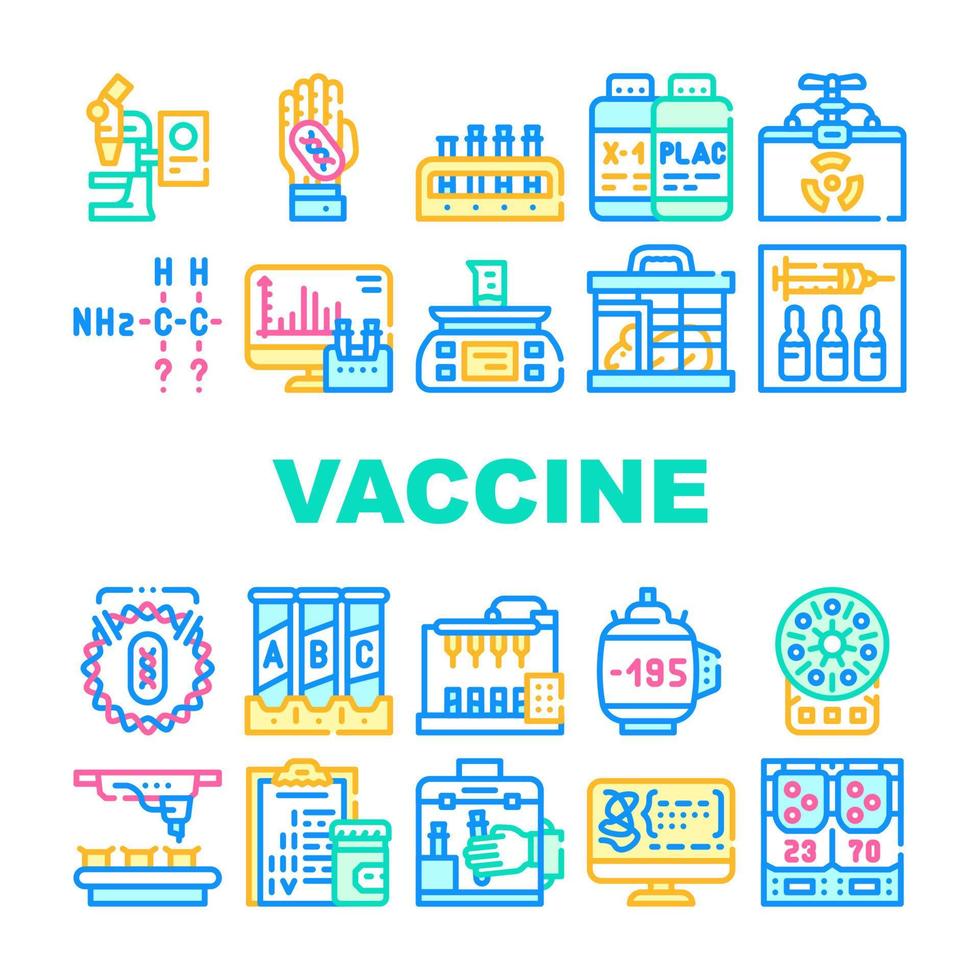icônes de collection de production de vaccins définies vecteur plat
