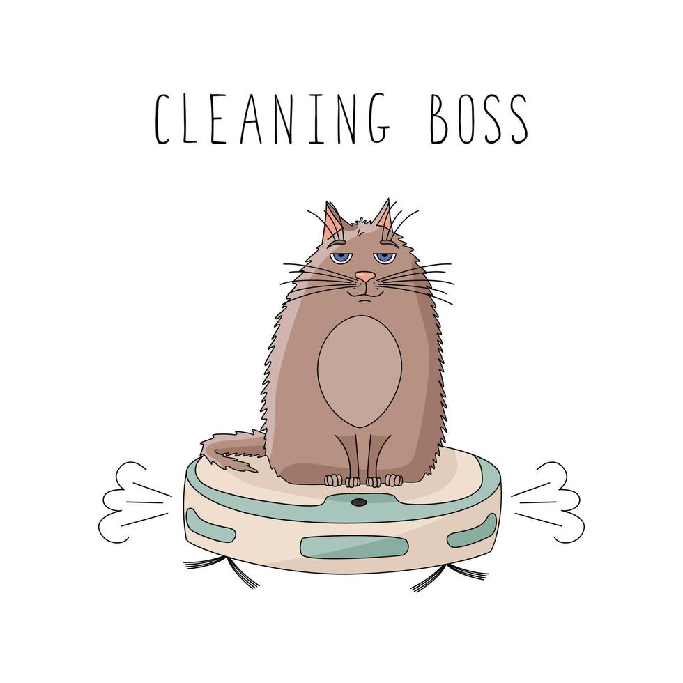 patron du nettoyage. chat mignon sur un robot aspirateur. le concept de propreté et de nettoyage. affiche dans le style doodle. vecteur