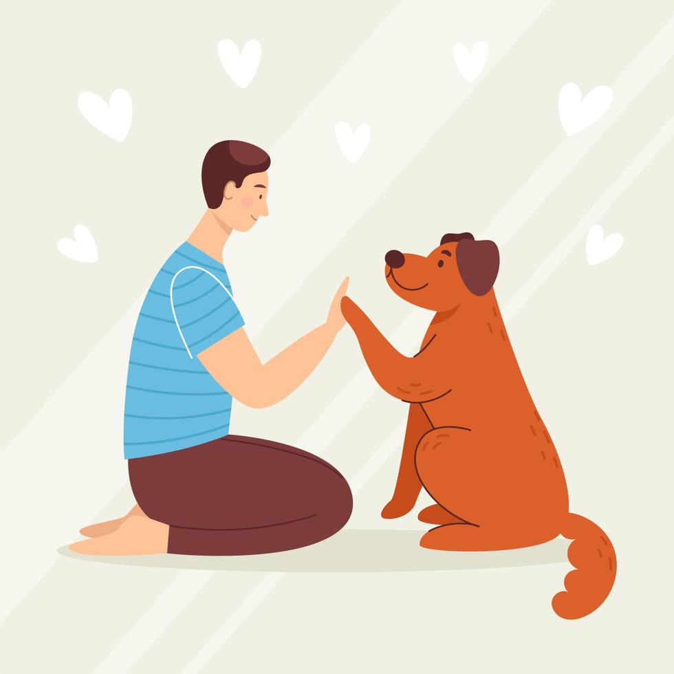 jeune homme souriant avec chien, animal de compagnie. amour et amitié avec les animaux. clinique vétérinaire. illustration vectorielle en style cartoon vecteur