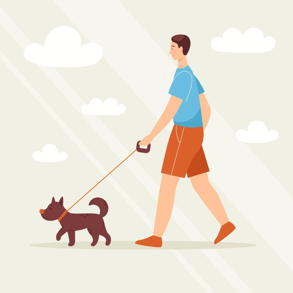 jeune homme souriant avec un chien pour une promenade, animal de compagnie. amour et amitié avec les animaux. clinique vétérinaire. illustration vectorielle en style cartoon vecteur