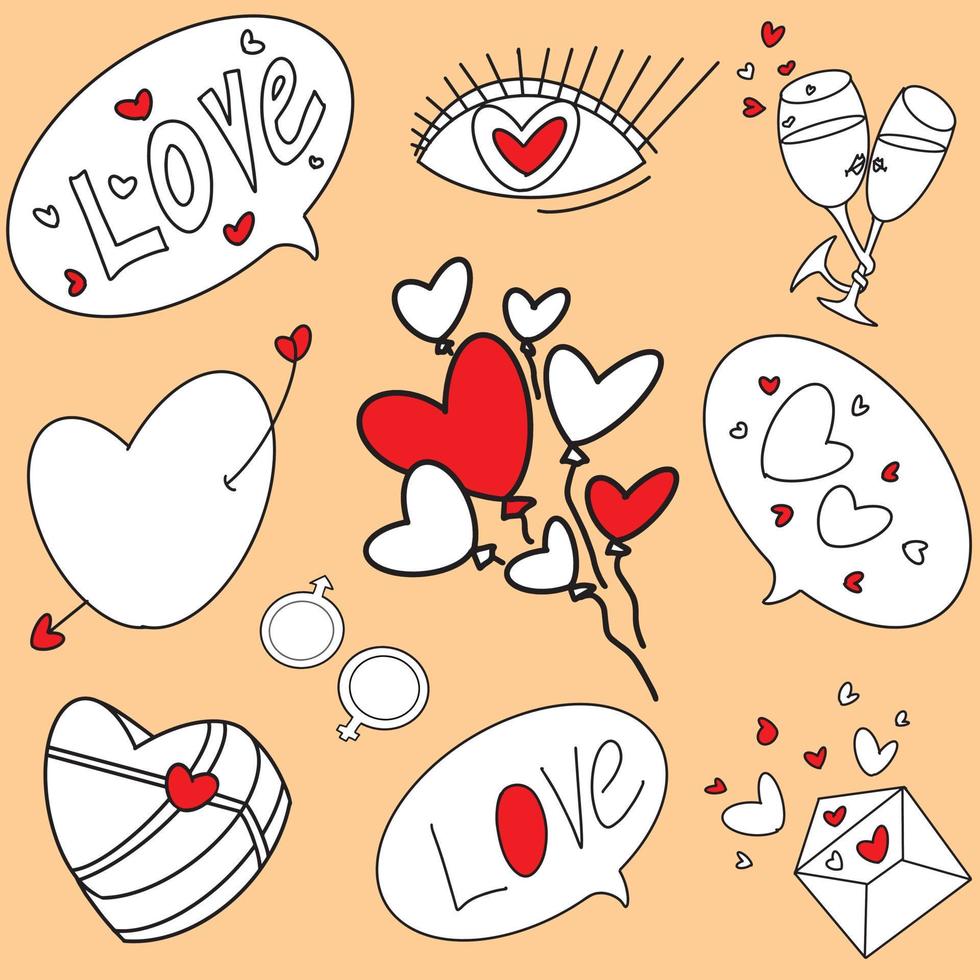 aime les éléments de doodles. joli ensemble d'icônes dessinés à la main avec coeur, champagne, boules de fleurs, lettre, inscriptions amour, oeil, boîte-cadeau. illustration vectorielle vecteur