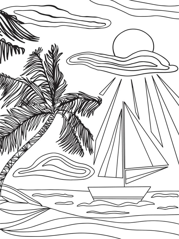 plage ensoleillée avec palmiers et océan, vacances en mer, voyage en bateau avec livre de coloriage illustration voiles vecteur