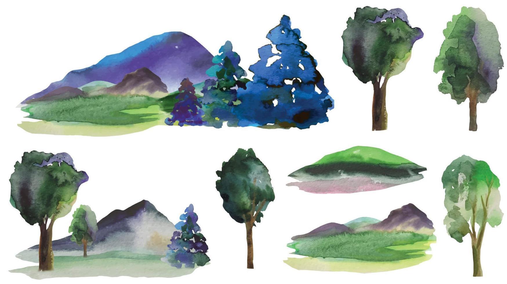 dessin à l'aquarelle de montagnes et de forêts, arrière-plan naturel abstrait vecteur