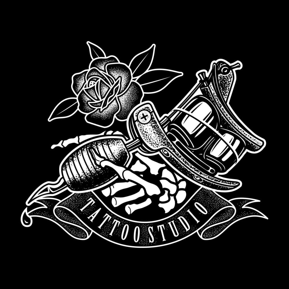 studio de tatouage vintage avec crâne à la main et rose, machine à tatouer, modèle vectoriel, élément de conception pour logo, affiche, carte, bannière, emblème, t-shirt. illustration vectorielle vecteur