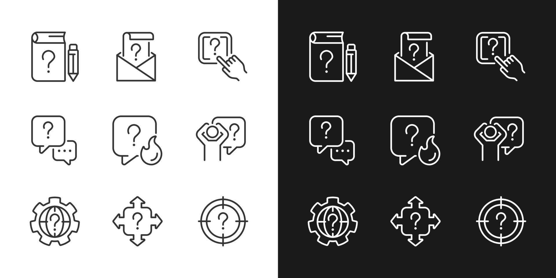 icônes linéaires du service d'information nécessaire définies pour le mode sombre et clair. demander sur les équations. trouver une solution. symboles de ligne mince pour le thème nuit, jour. illustrations isolées. trait modifiable vecteur