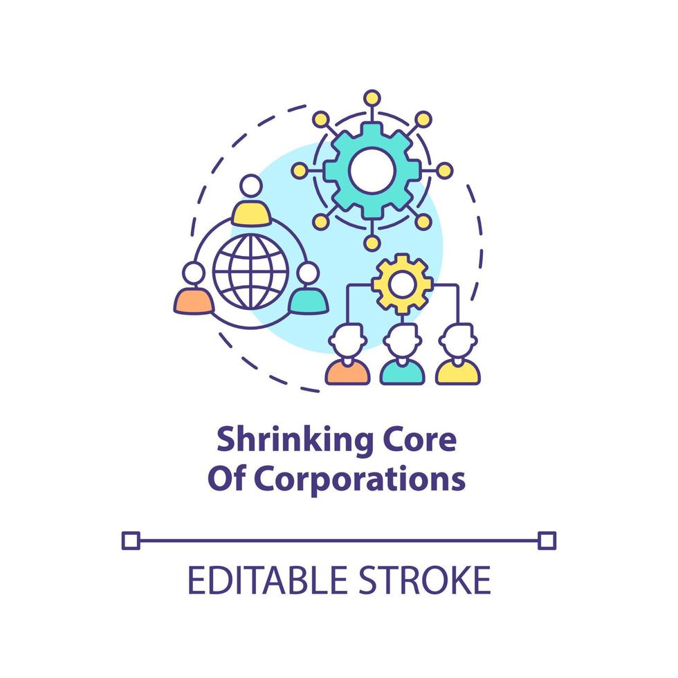 rétrécissement du noyau de l'icône de concept de sociétés. tendances dans l'illustration de la ligne mince de l'idée abstraite de l'entreprise. dessin de contour isolé. trait modifiable. vecteur