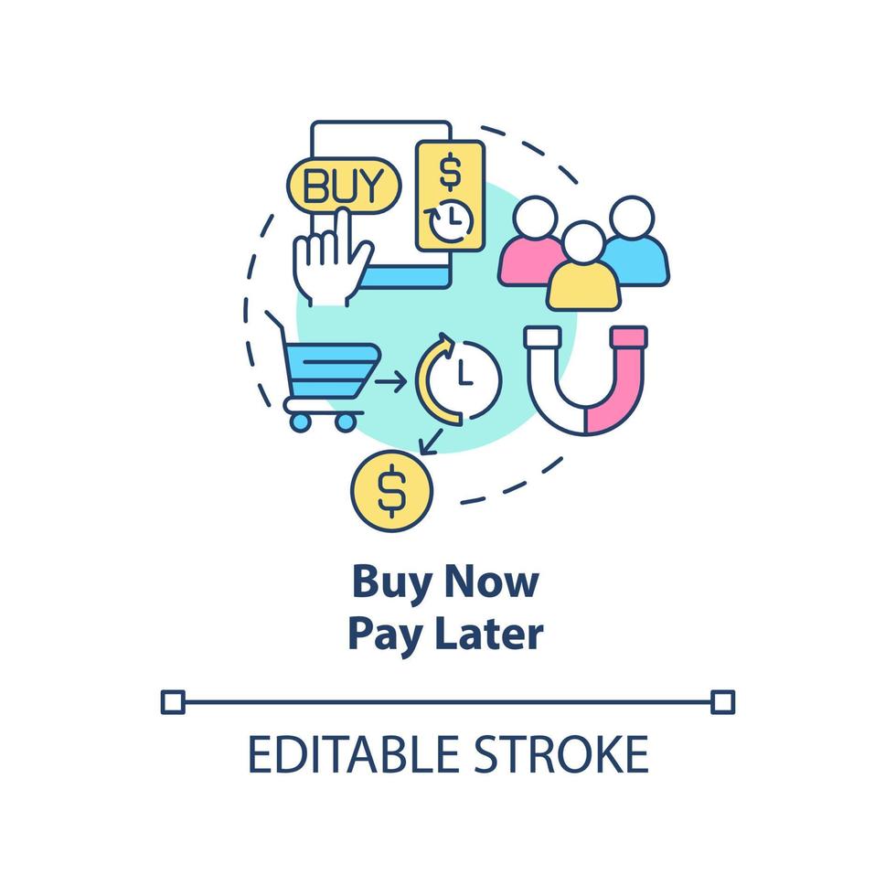 achetez maintenant payez plus tard l'icône de concept. crédit aux consommateurs. tendances de la stratégie de vente au détail idée abstraite illustration de la ligne mince. dessin de contour isolé. trait modifiable. vecteur