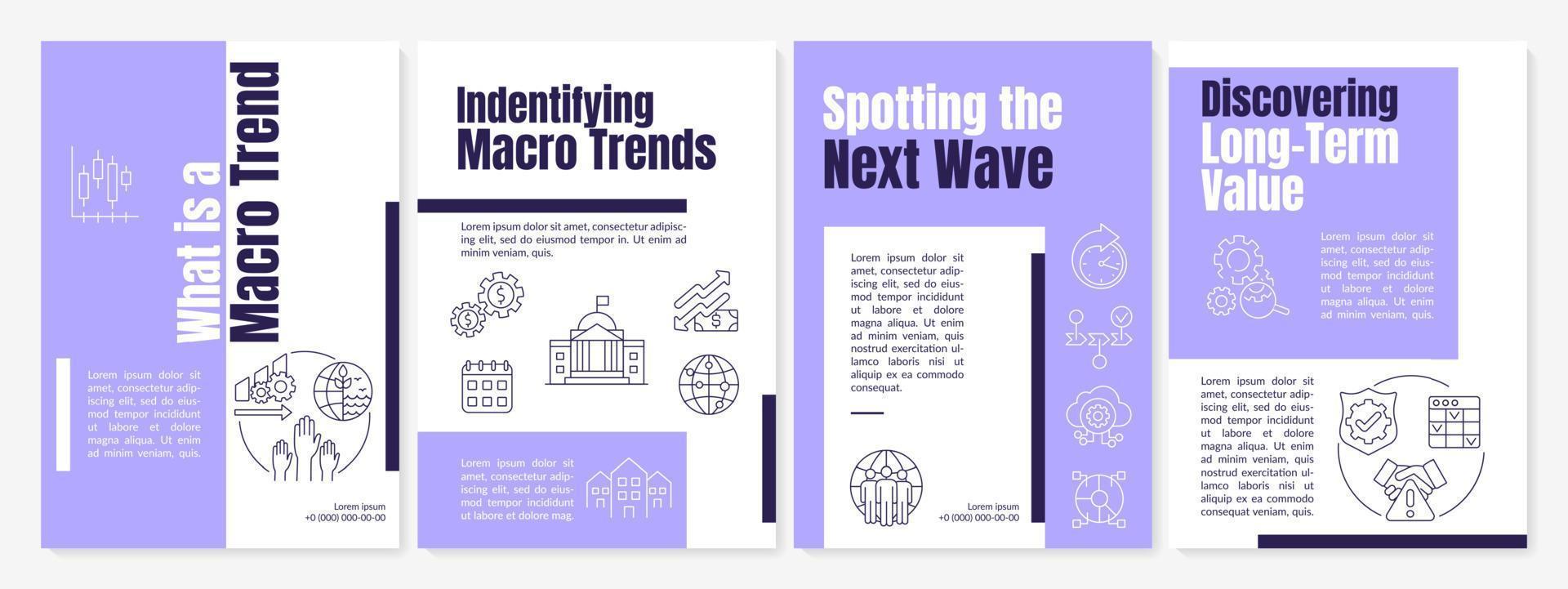 modèle de brochure violet sur les tendances macro mondiales. tendances innovantes. conception de dépliant avec des icônes linéaires. 4 mises en page vectorielles pour la présentation, les rapports annuels. vecteur