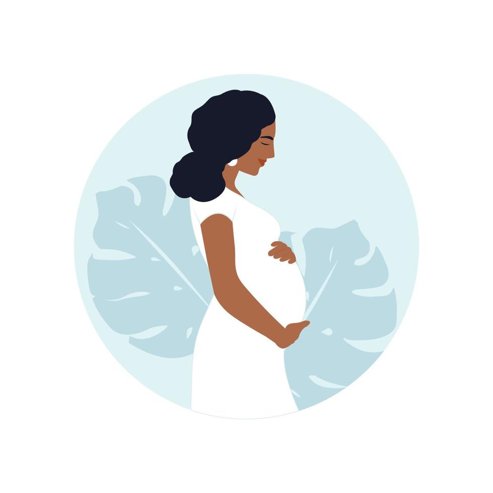 heureuse femme afro-américaine enceinte tient son ventre. notion de grossesse. illustration vectorielle. vecteur