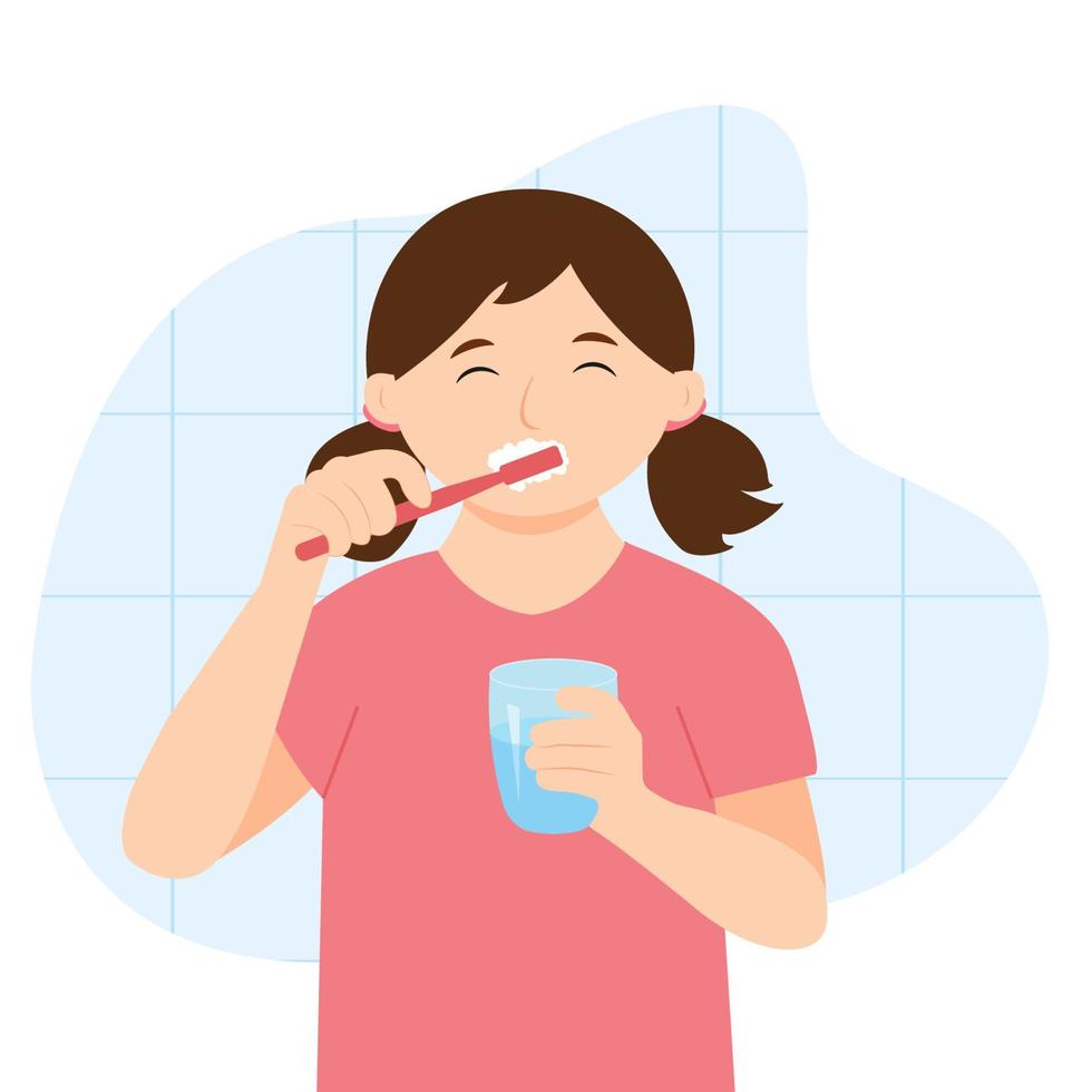 fille se brosser les dents avec du dentifrice. un enfant mignon se nettoie les dents. illustration vectorielle. vecteur