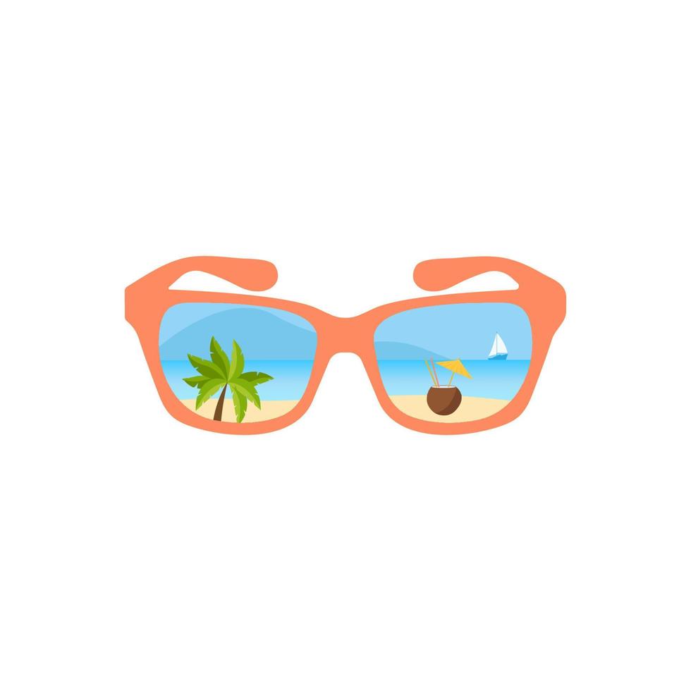 lunettes de soleil vectorielles avec illustration de réflexion de plage tropicale. lunettes de soleil d'été, mer, paradis, coucher de soleil, montagnes, voilier, cocktail. vecteur