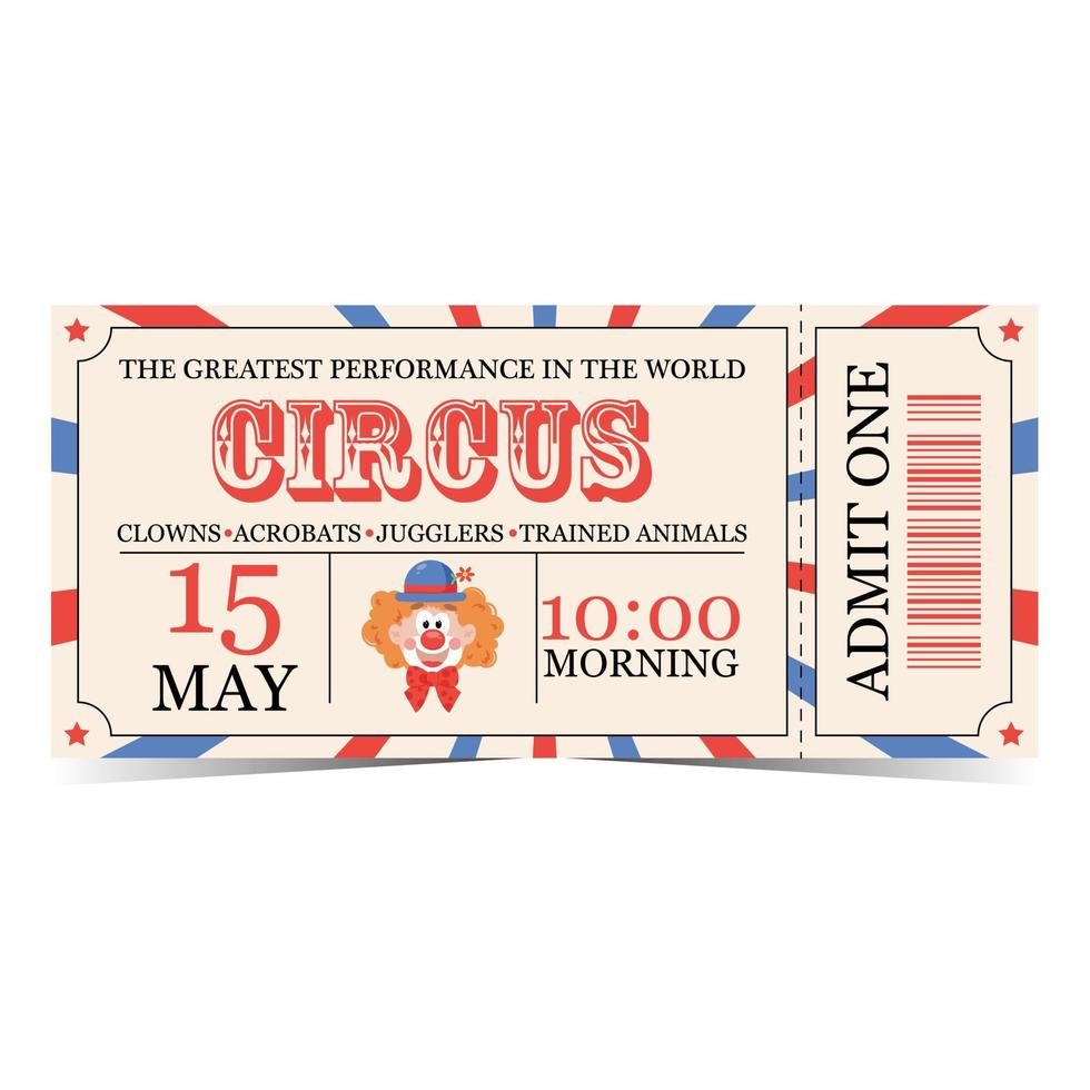 conception de modèle de billet de cirque dans les couleurs rouge, bleu et beige avec clown, date, heure, partie détachable ou détachable et code à barres. illustration vectorielle de coupon d'entrée de spectacle de cirque dans un style vintage rétro. vecteur