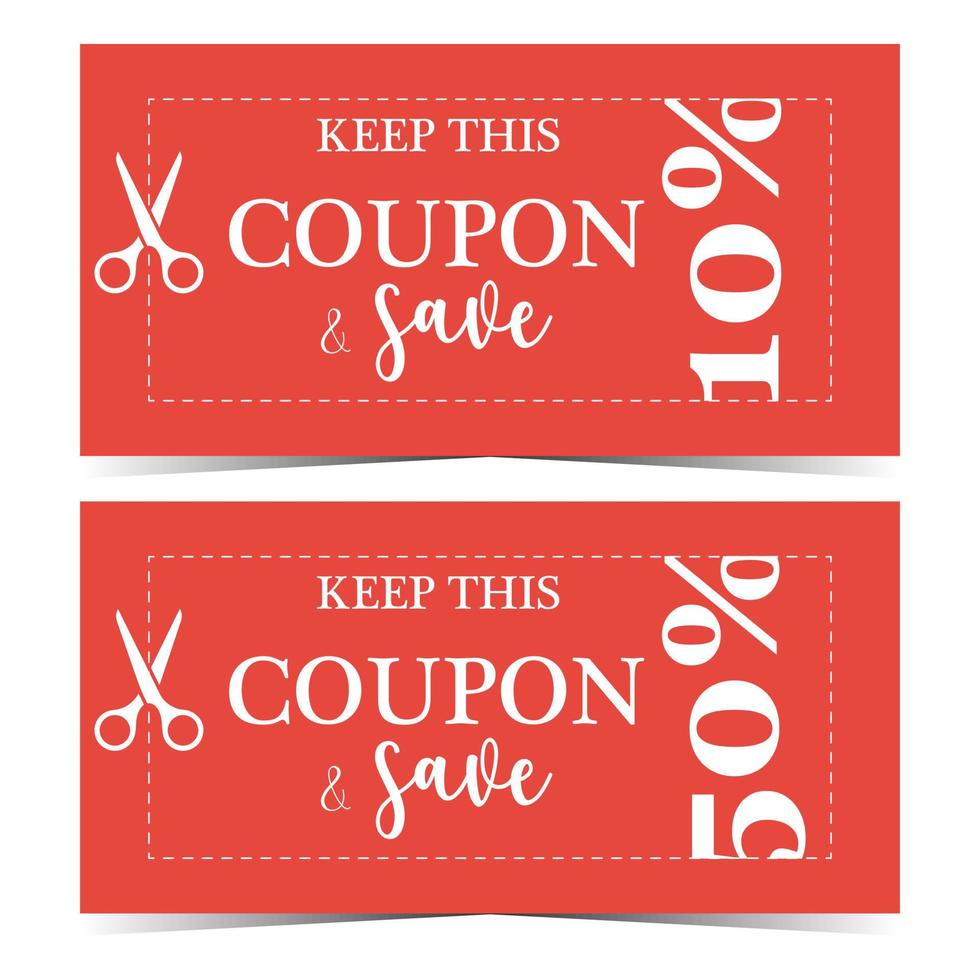 ciseaux coupant le coupon de réduction ou le billet avec texte blanc sur fond rouge et pourcentage de remise indiqué sur le côté. conservez ce coupon et économisez de l'argent. illustration vectorielle dans un style plat. vecteur