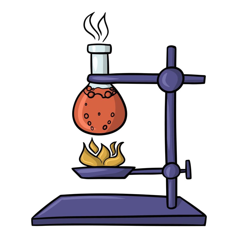 expérience chimique avec solution chauffante, flacon en verre avec liquide bouillant, illustration vectorielle en style cartoon sur fond blanc vecteur