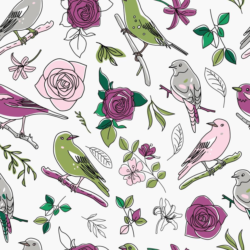 modèle sans couture. oiseaux nature animaux illustration. doodles mignons d'oiseaux et de fleurs dessinés à la main. style de ligne dans le minimalisme. image vectorielle. vecteur