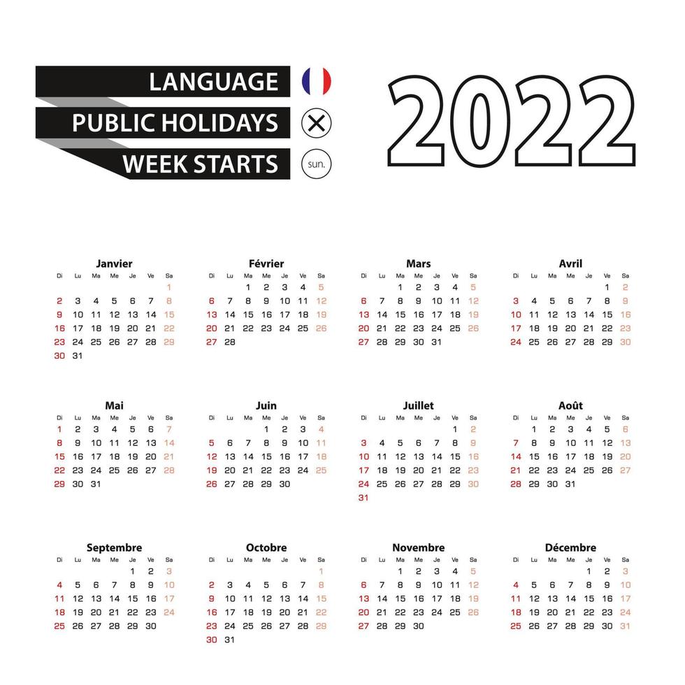 Calendrier 2022 en langue française, la semaine commence le dimanche. vecteur