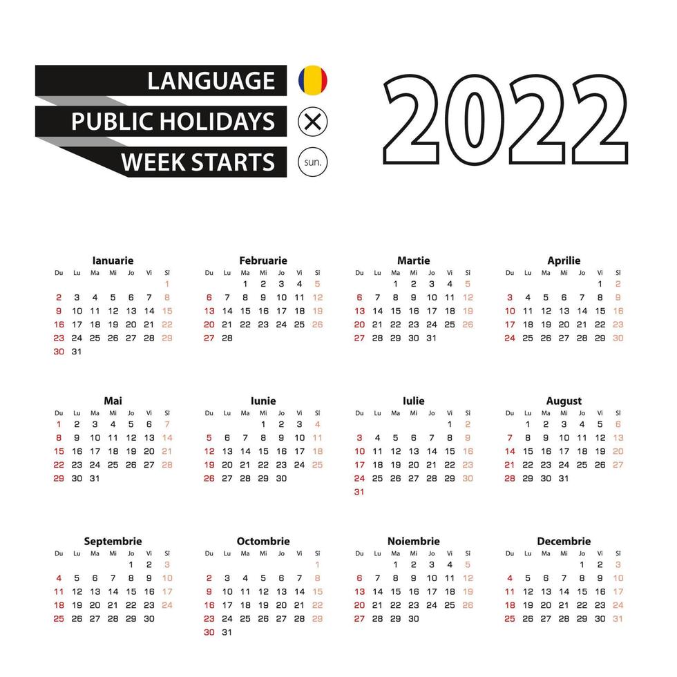 Calendrier 2022 en roumain, la semaine commence le dimanche. vecteur