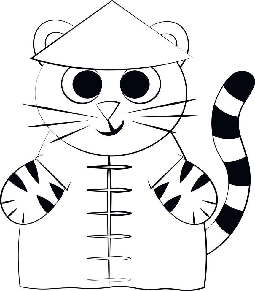 tigre chinois de dessin animé mignon. dessiner une illustration en noir et blanc vecteur