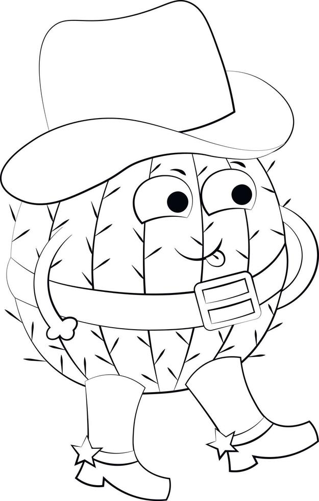personnage de dessin animé mignon cactus cowboy. dessiner une illustration en noir et blanc vecteur