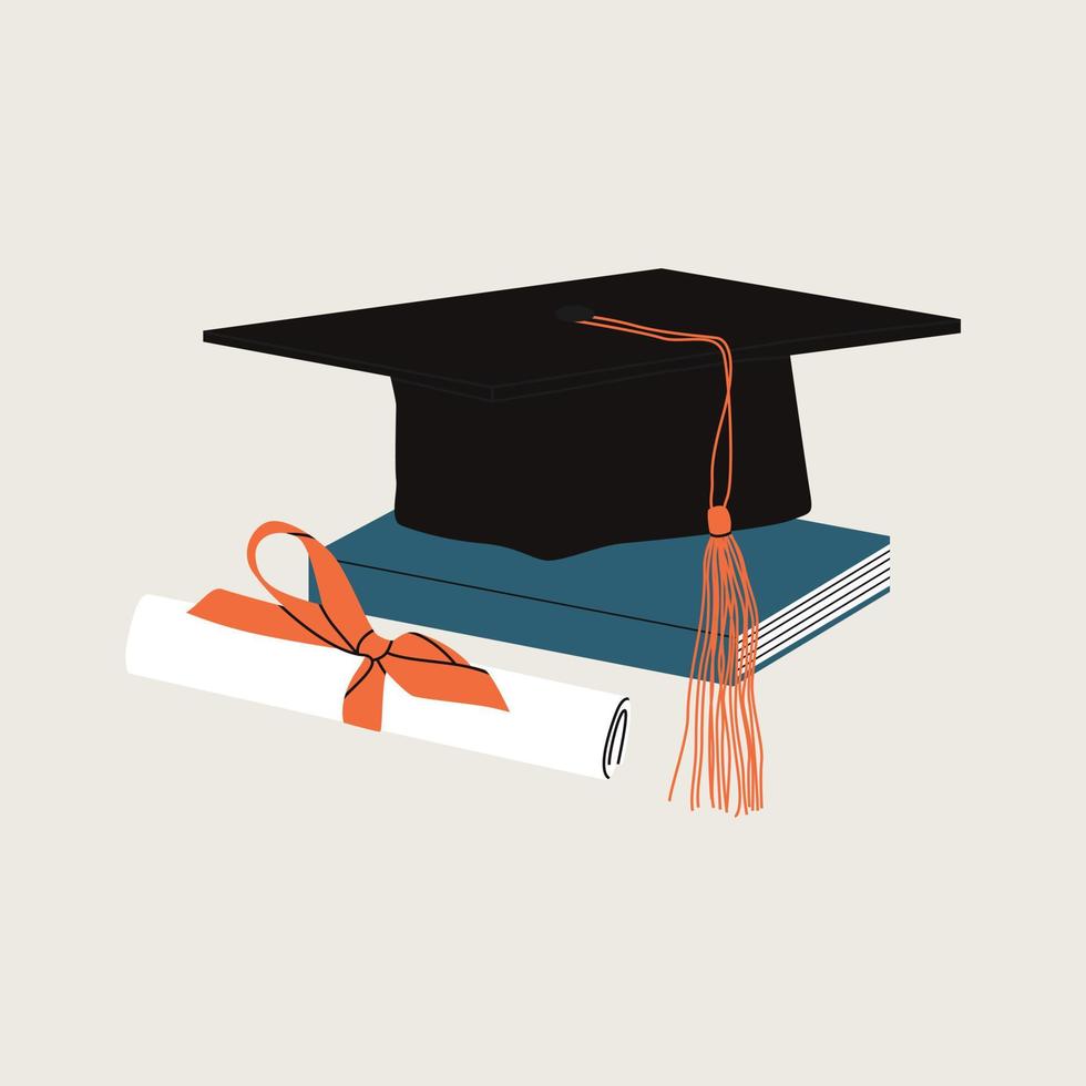 chapeau de graduation sur la pile de livres avec diplôme. pile de livres, encyclopédies, concept d'éducation et de réussite, bibliothèque universitaire, connaissances académiques et scolaires. illustration de dessin animé plat dessiné à la main. vecteur