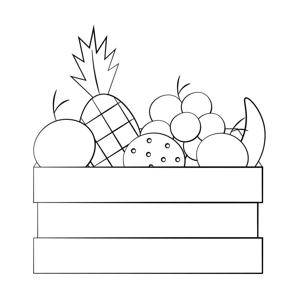 boîte de caisse avec des fruits. dessiner une illustration en noir et blanc vecteur