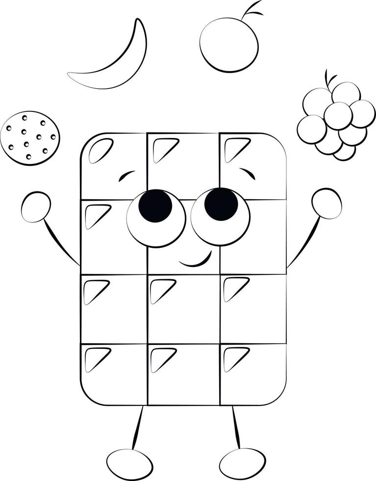 personnage de chocolat de dessin animé mignon avec des fruits. dessiner une illustration en noir et blanc vecteur