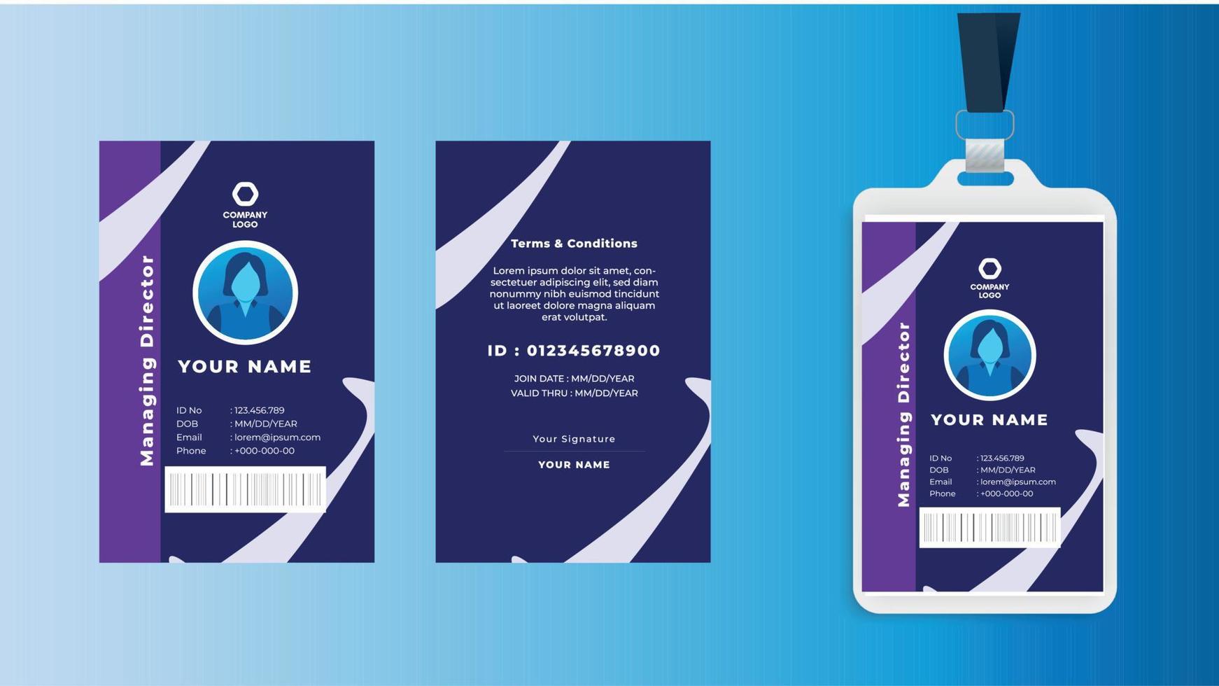 modèle de carte d'identité d'employé bleu et blanc dégradé minimal, carte d'identité professionnelle vecteur