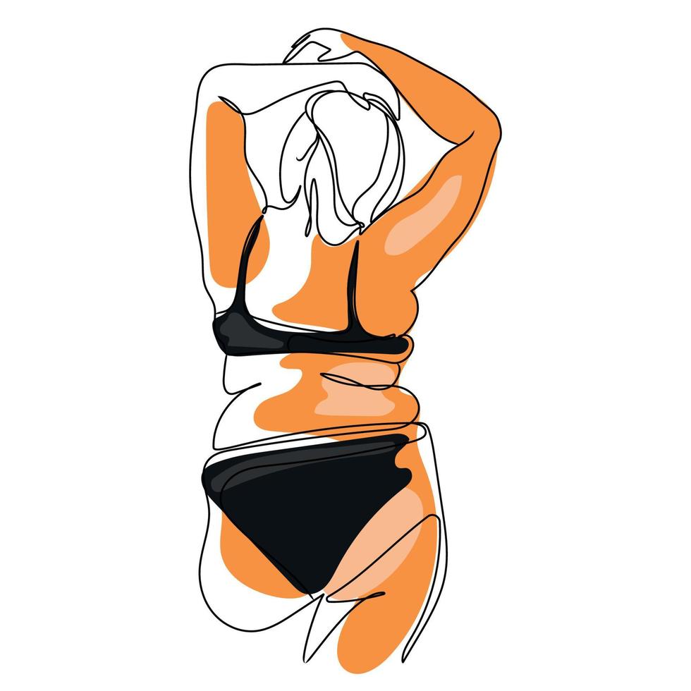 dessin au trait femme sinueuse abstraite en sous-vêtements maillot de bain vue arrière illustration vectorielle isolée sur fond blanc. figure féminine linéaire minimaliste. affiche élégante positive du corps simple. vecteur