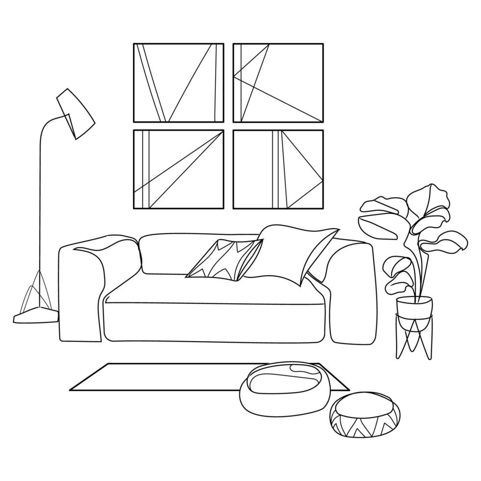 illustration vectorielle de dessin au trait intérieur salon moderne. lieu de loisirs pour la détente avec canapé et oreillers, plantes dans un pot, peinture sur un mur. intérieur minimaliste dans un style moderne croquis noir et blanc vecteur