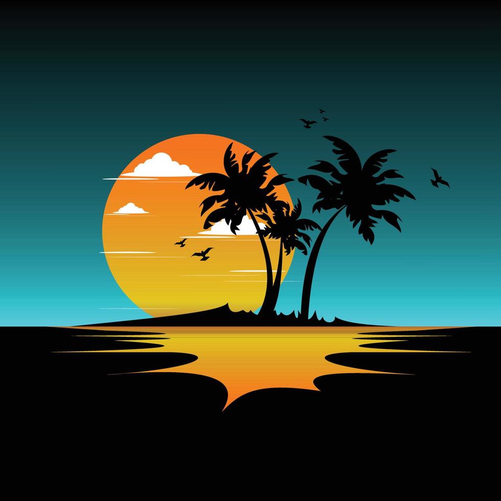 un paysage du coucher du soleil de couleur dorée et son reflet sur la surface de l'eau .avec l'ombre des palmiers et des oiseaux vecteur