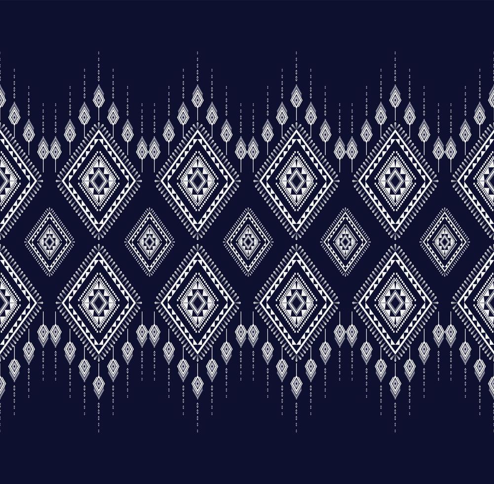 motif de broderie de texture ethnique géométrique avec fond bleu foncé ou fond d'écran et jupe, tapis, papier peint, vêtements, emballage, batik, tissu, vecteur de formes de triangle blanc de feuille, conception d'illustration