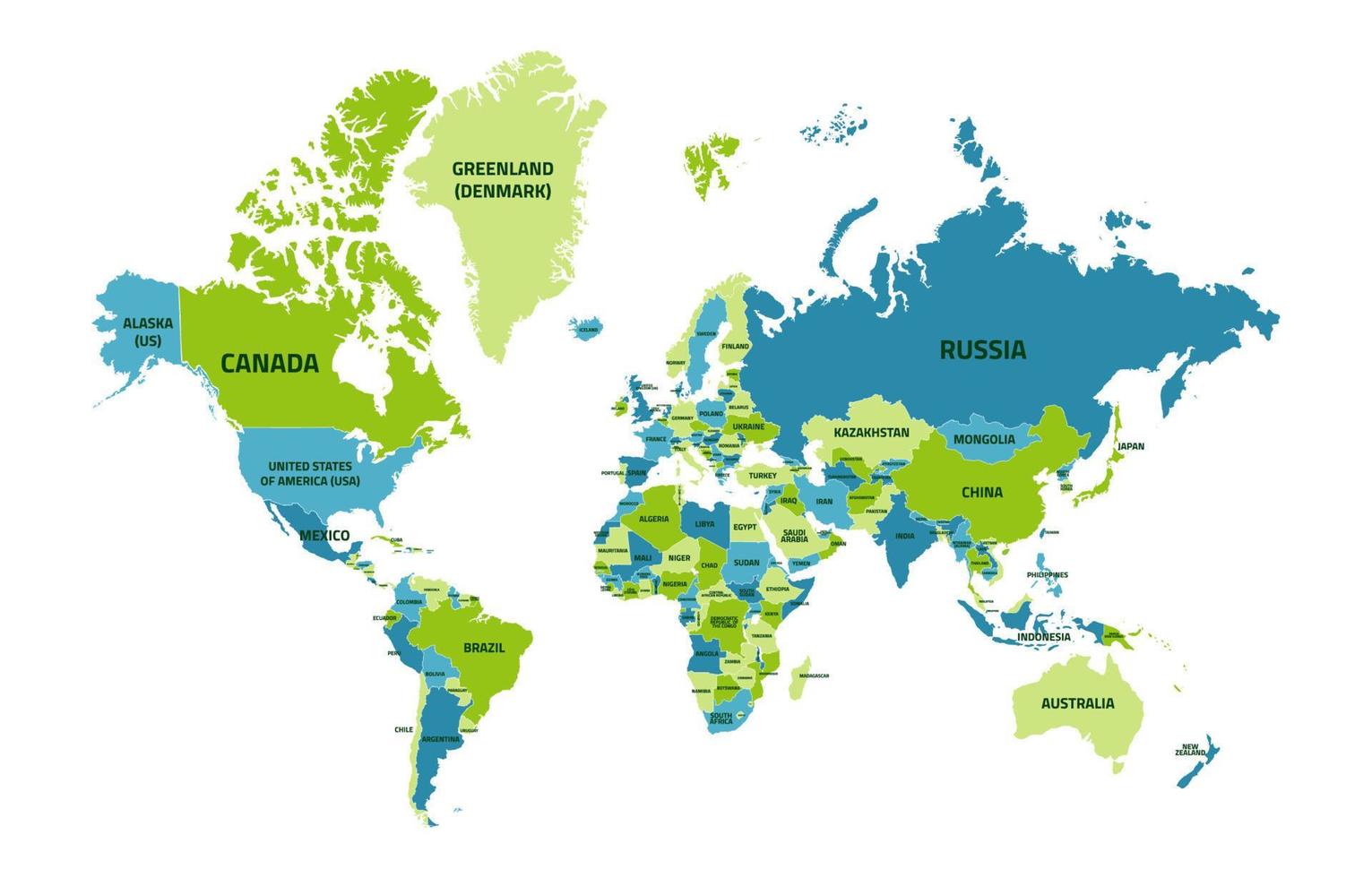 carte du monde plate avec le nom du pays vecteur