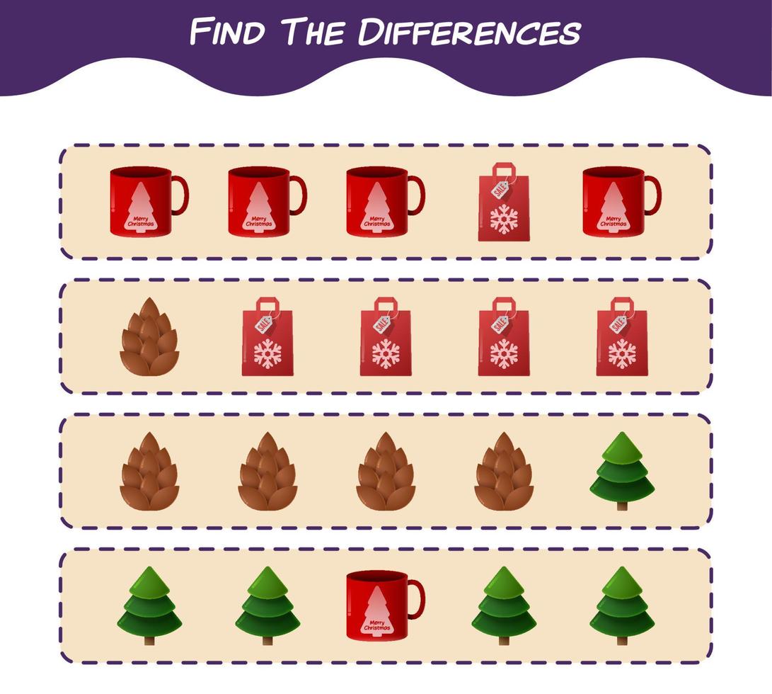 trouver les différences entre le dessin animé de Noël. jeu de recherche. jeu éducatif pour les enfants d'âge préscolaire et les tout-petits vecteur