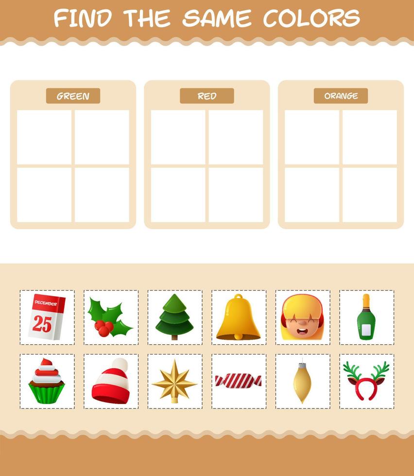 retrouver les mêmes couleurs de noël. jeu de recherche et d'association. jeu éducatif pour les enfants d'âge préscolaire et les tout-petits vecteur