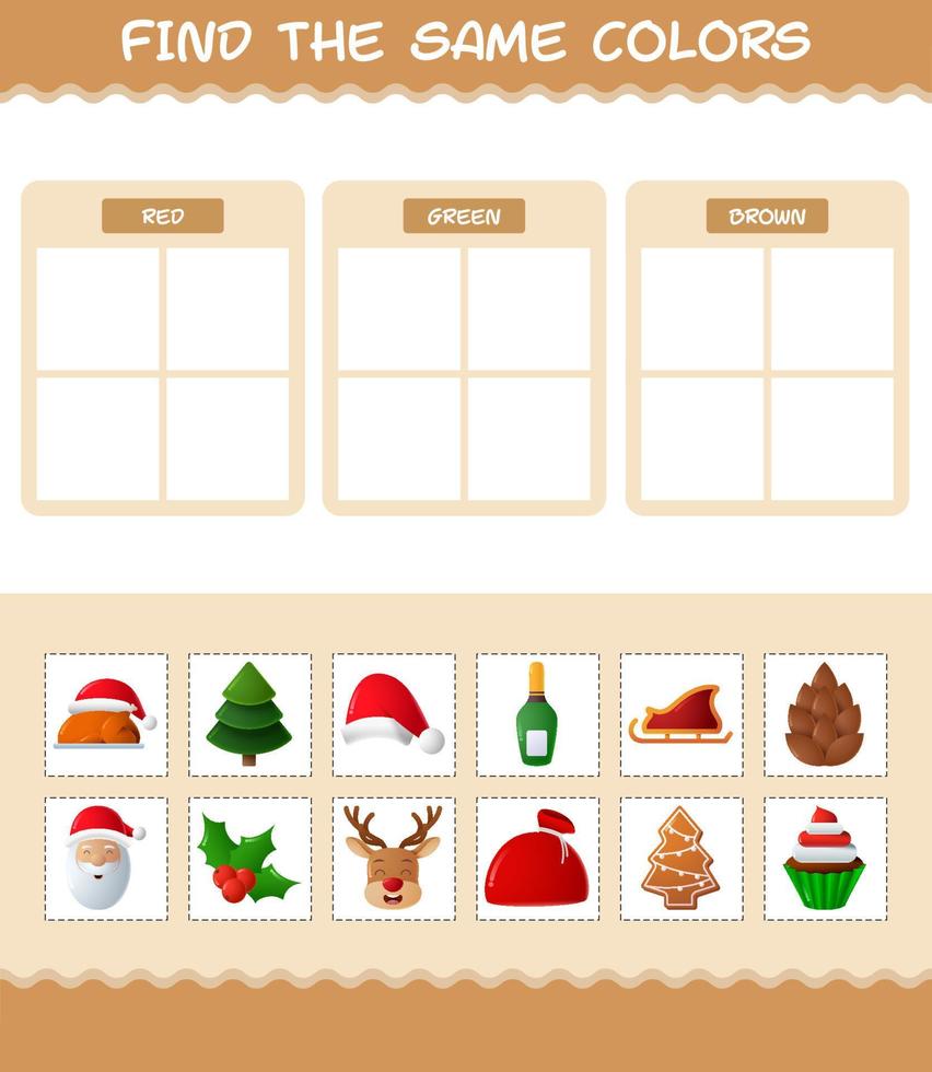 retrouver les mêmes couleurs de noël. jeu de recherche et d'association. jeu éducatif pour les enfants d'âge préscolaire et les tout-petits vecteur