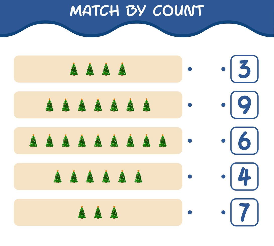 match par nombre d'arbres de noël de dessin animé. match et jeu de comptage. jeu éducatif pour les enfants d'âge préscolaire et les tout-petits vecteur