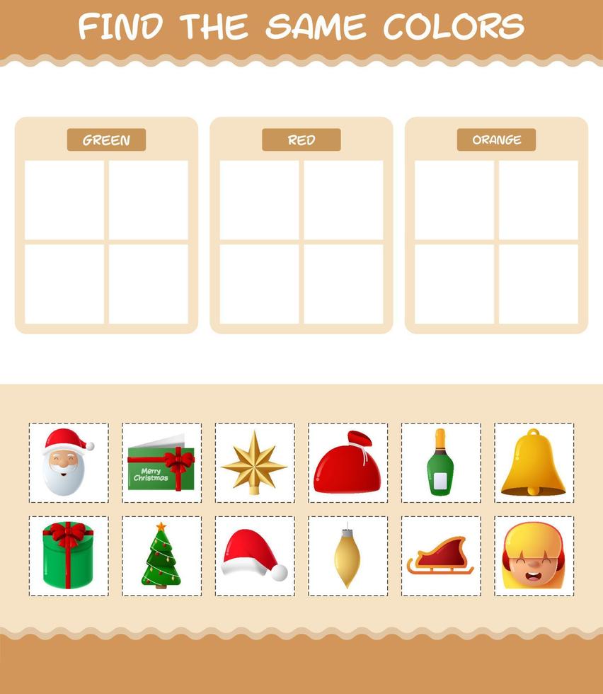 retrouver les mêmes couleurs de noël. jeu de recherche et d'association. jeu éducatif pour les enfants d'âge préscolaire et les tout-petits vecteur