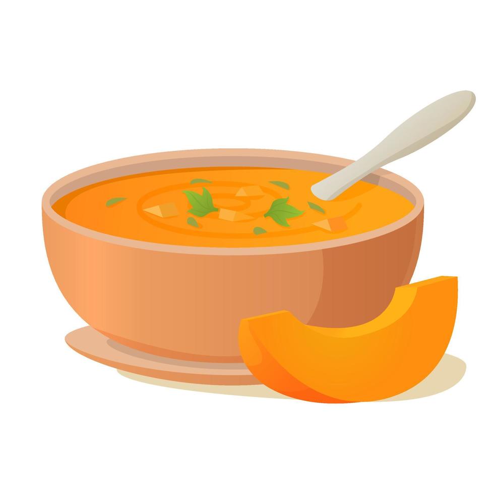 une assiette de soupe à la citrouille avec une cuillère. soupe aux légumes chauds. bol de soupe. isolé sur fond blanc. illustration vectorielle réaliste. vecteur