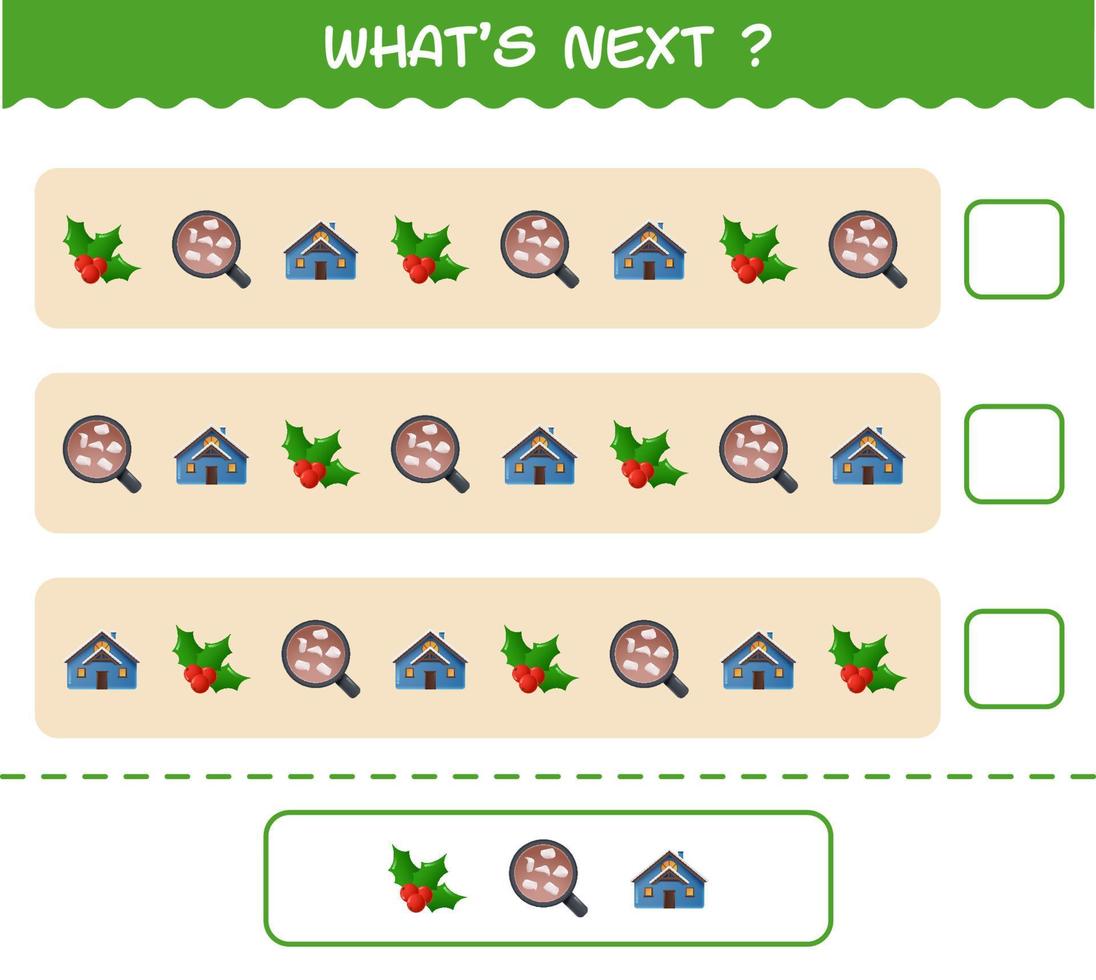quel est le prochain jeu éducatif de dessin animé de noël. trouvez la régularité et continuez la tâche de ligne. jeu éducatif pour les enfants d'âge préscolaire et les tout-petits vecteur
