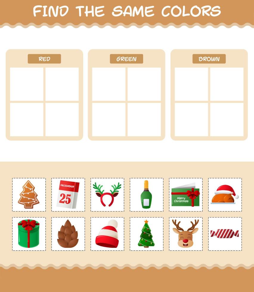 retrouver les mêmes couleurs de noël. jeu de recherche et d'association. jeu éducatif pour les enfants d'âge préscolaire et les tout-petits vecteur