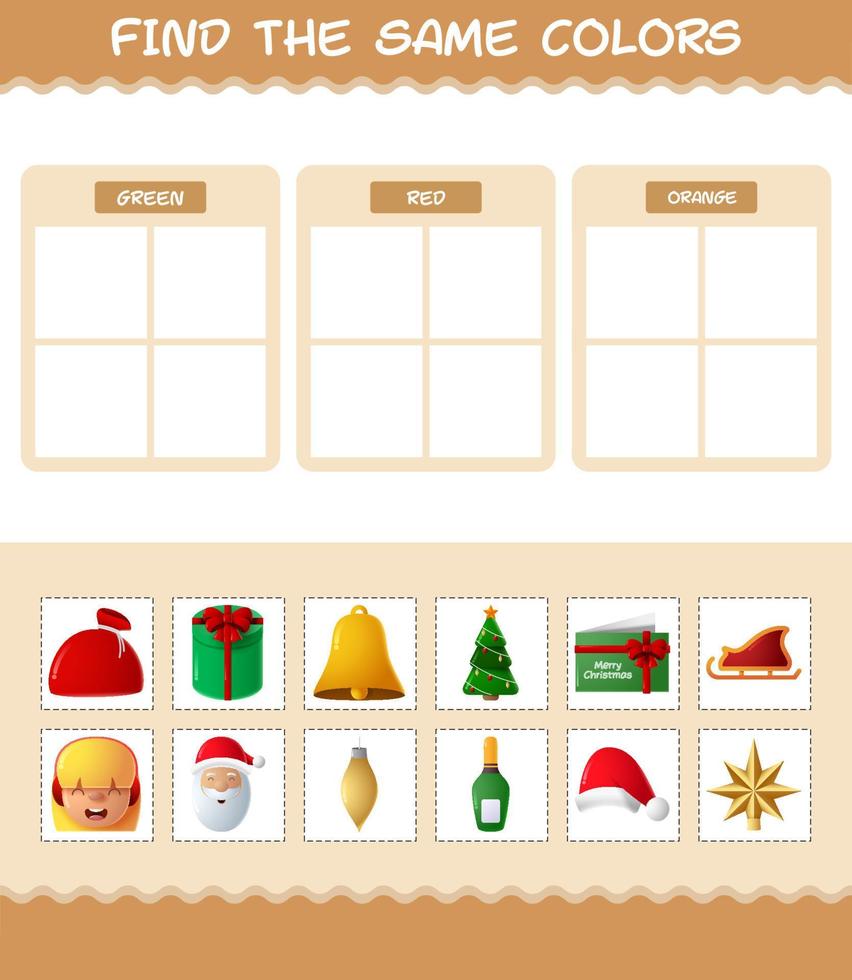 retrouver les mêmes couleurs de noël. jeu de recherche et d'association. jeu éducatif pour les enfants d'âge préscolaire et les tout-petits vecteur