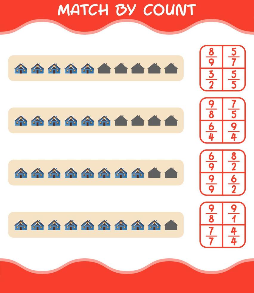 match par nombre de maison de dessin animé. match et jeu de comptage. jeu éducatif pour les enfants d'âge préscolaire et les tout-petits vecteur